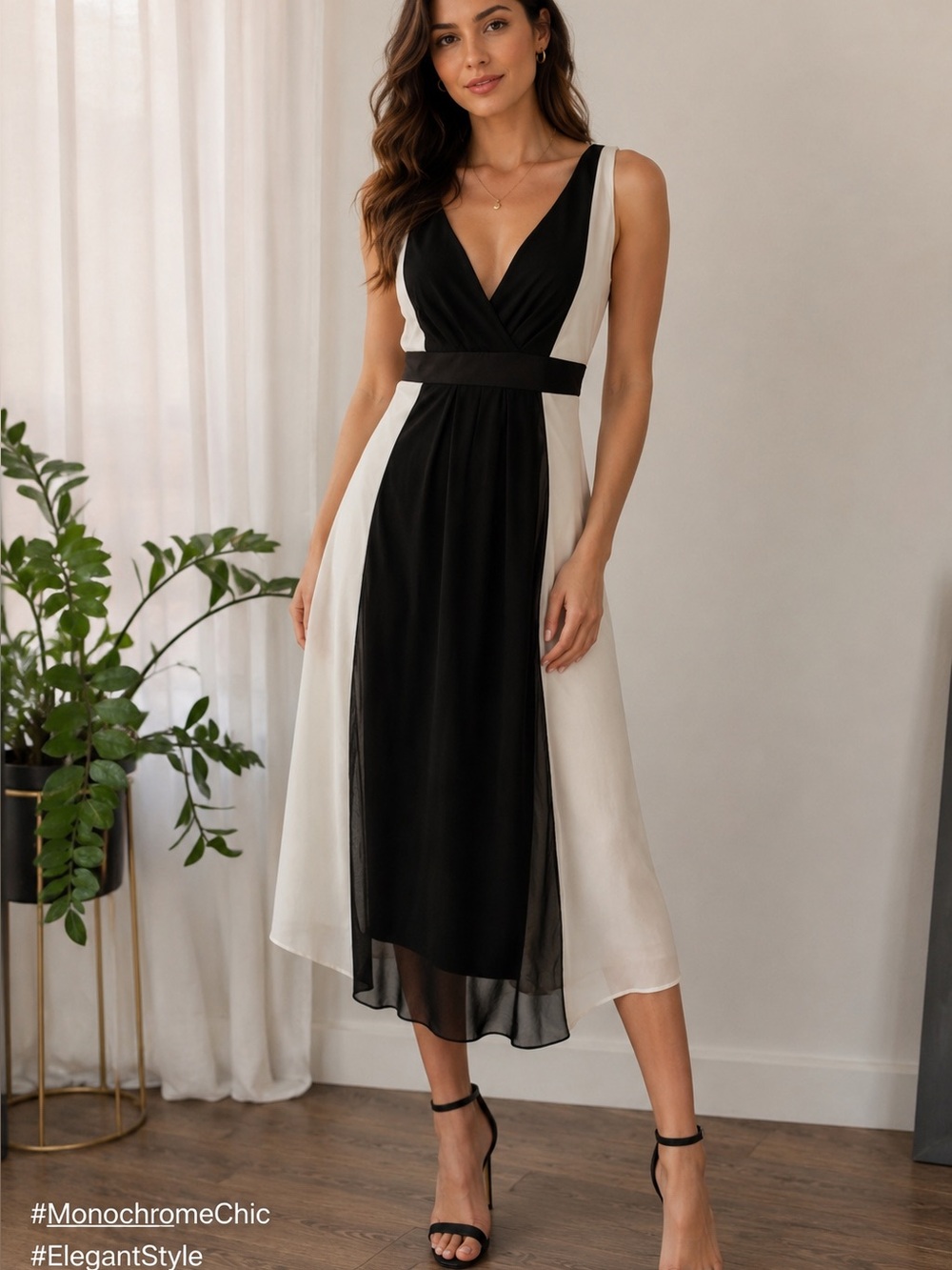 Black and White V-Neck Sleeveless Midi Dress